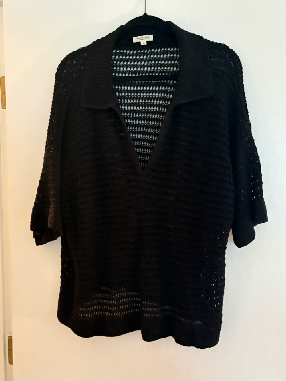 Max Studio Black Open-Knit Polo Top